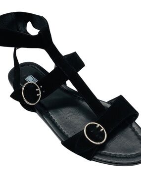 PRADA BLACK / SILVER BUCKLE STRAP SUEDE LEATHER FLAT SANDALS